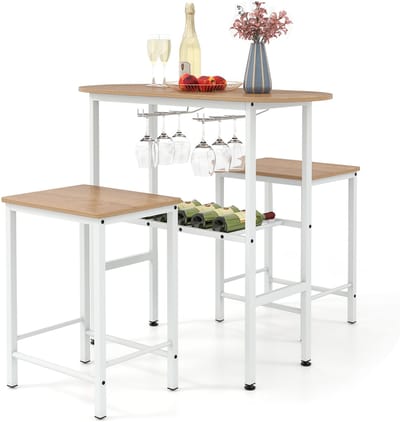 COSTWAY Bartafel met barkrukset, 2 personen, bartafel set met houders voor wijnglazen en flessen, aanrecht, huisbar voor woonkamer, eetkamer en keuken (wit)