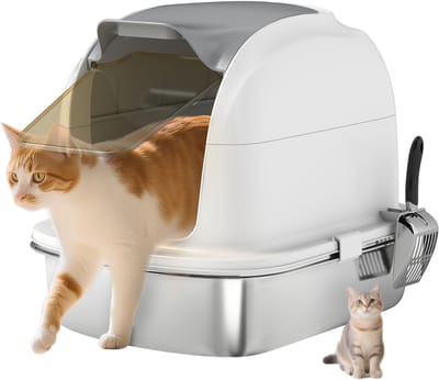 ECTEATOY®Roestvrijstalen Kattenbak - Premium RVS Kattenbak XL met Klapdeksel en Hoge Randen - Incl - Kattenbakschep & Geurfilter - Geurvrij & Anti-Lek - Wit