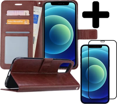 Hoesje - Met Screenprotector - Geschikt voor Apple iPhone 12 - Luxe Pasjeshouder - Flipcase - Bookcase Portemonee - Flip Case - Kunstleer Book Case - Book Cover - Walletcase - Portemonneehoes - Telefoonhoes - Bruin