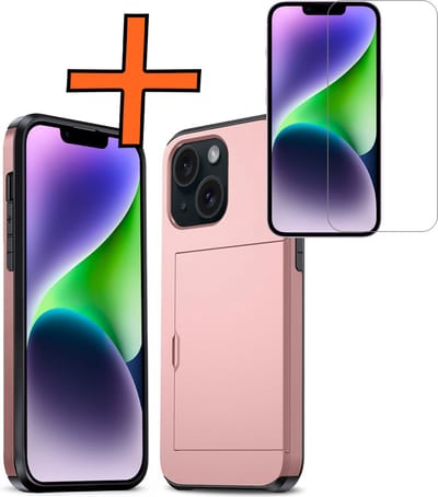 Hoesje Geschikt voor iPhone 14 Hoesje Pasjeshouder Shockproof Hard Case Met Screenprotector - Hoesje Geschikt voor iPhone 14 Hoes Met Kaarthouder - Rosé goud