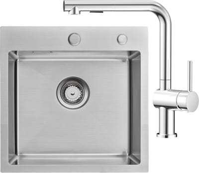 Auralum max Spoelbak Met Kraangat - Spoelbak Keuken Met Uittrekbare Uitloop Keukenkraan - Spoelbakken Keuken - Keuken Gootsteen 45 x 45 cm - Keuken Gootsteen met Sifon en Afvoerzeefje - Zilver