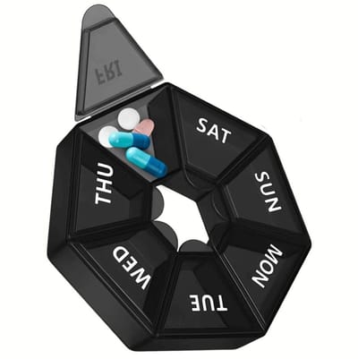 Pillendoos - Medicijnen doosje - Medicatie ordenen - Weekplanner pillen - 7 dagen - Pill box - 7 compartimenten - Medicijn organiser - Grote vakken - Rond - Zwart - Jonyx