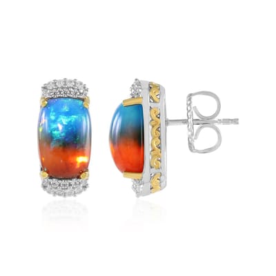 Cavill - 925 Sterling Zilver Oorbellen met Palladium - 2 Ethiopische Opalen 4.12 ct & 36 Zirkonen 0.42 ct - Antiek Cabochon 18 mm