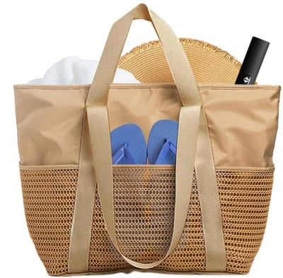 Dailygoods- Strandtas XXL Waterdicht - Grote Strandtas met Ritssluiting - Rieten Strandtas - Zwemtas voor Dames - Strandtas met Netzakken - Afmetingen 52 x 36 x 16 cm - Beach Bag