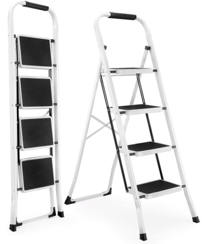 ROLIPO Huishoudtrap 4 treden - keukentrap - opvouwbar - antislip - 150kg Draagkracht - Max werkhoogte: 128 cm - Wit