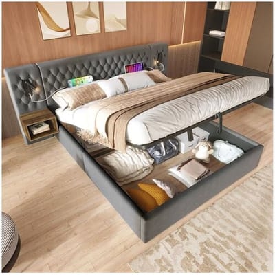 Merax Hydraulisch opbergbed - 180 x 200 cm - met 2 nachtkastjes + lamp hoofdeinde - fluweel - grijs