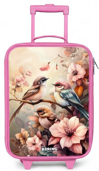 NoBoringSuitcases.com® - Kinderkoffer roze - Kindertrolley meisje - Vogels met roze bloemen - Koffer kind lichtgewicht - Reiskoffer trolley voor kinderen - Koffertje met lichtgevende wieltjes - Rolkoffer