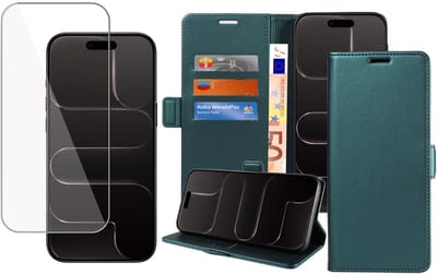 Book Case & Screenprotector geschikt voor iPhone 17 Air / iPhone Air Hoesje Screenprotector - Gehard Glas Cover + Magnetische Sluiting - Portemonnee Turqoise