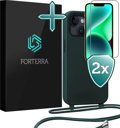 Hoesje Geschikt voor iPhone 13 Mini Case Siliconen Hoes Met Koord Met 2x Screenprotector - Hoes Geschikt voor iPhone 13 Mini Met Telefoonkoord Hoesje Backcover - Donkergroen
