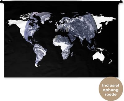Wandkleed WereldkaartenKerst illustraties - Witte wereldkaart met wereldbol op zwarte achtergrond Wandkleed katoen 120x80 cm - Wandtapijt met foto