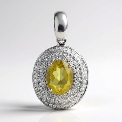 Cavill - Zilveren Hanger - 925 Sterling Zilver - Braziliaanse Olijfkwarts 1,5 ct Ovaal - 146 Zirkonen Pavé - Elegante Tijdloze Sieraden