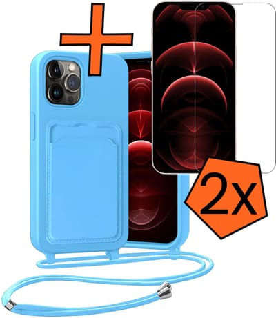 Hoesje Geschikt voor iPhone 13 Pro Max Hoesje Met Telefoonketting Pasjeshouder Case Met 2x Screenprotector Koord - Hoesje Geschikt voor iPhone 13 Pro Max Hoes Met Kaarthouder - Lichtblauw