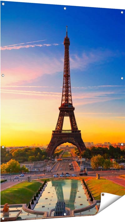 Gards Tuinposter Parijs Eiffeltoren tijdens de Zonsopkomst - 100x150 cm - Tuindoek - Tuindecoratie - Wanddecoratie buiten - Tuinschilderij