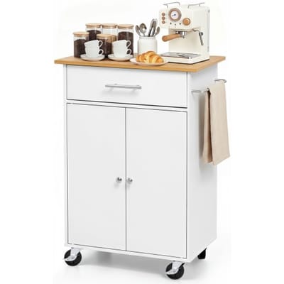 VEVOR Keukeneilandtrolley met 1 Lade en 2 Deuren, Wit, Verrijdbaar Keukeneiland, Keukentrolley met Kast, Handdoekrek, Tafelblad (600 X 380 X 15 mm) en Haken voor Eetkamer, Keuken, Mobiele Serveerwagen