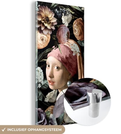 MuchoWow® Glasschilderij 20x40 cm - Schilderij acrylglas - Meisje met de parel - Bloemen - Vermeer - Pastel - Kunstwerk - Schilderij - Oude meesters - Foto op glas - Schilderijen