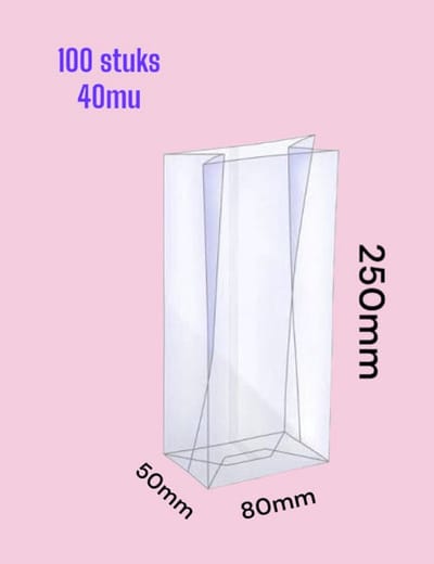 100 stuks Bodem Cellofaan zakjes - Blokbodemzakjes / Uitdeelzakjes / 80+50x250mm / Plastic Transparant / 100% Polypropyleen / Recyclebaar / Duurzaam - Voedsel Verpakking / Traktatie zakjes / Verpakkingszakjes