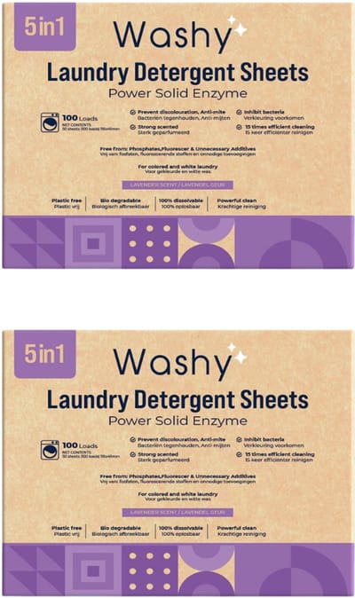 Washy Wasstrips Lavendel 2X- Wasmiddeldoekjes voor Witte, Gekleurde en Zwarte Was - Wasmiddel Strips - Eco Wasmiddel Vellen - Duurzame Laundry Strips (200 wasbeurten)