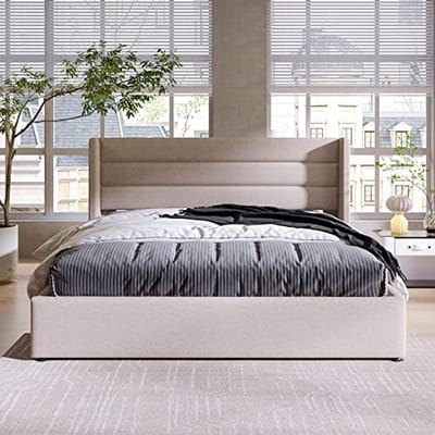 Gestoffeerd bed met houten latten en metalen structuur - Beige, 160 x 200 cm