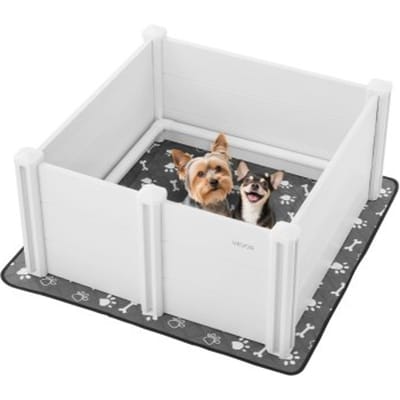 VEVOR Werpbox voor honden, 98 x 98 x 46 cm, kunststof PVC puppyren met in hoogte verstelbare deur en wasbare plasmat, vervormingsbestendige puppybench voor middelgrote honden, melkwit