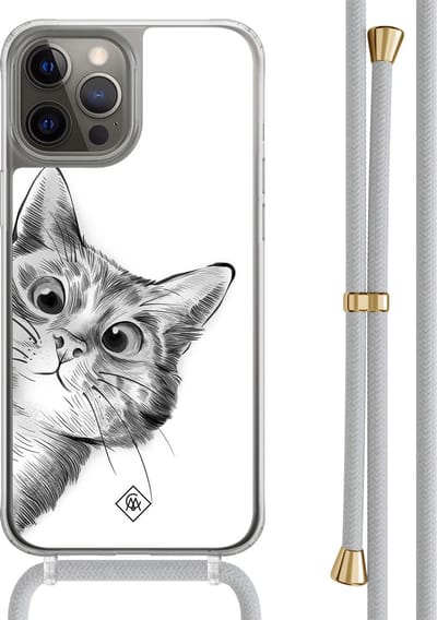 Casimoda® hoesje met grijs koord - Geschikt voor iPhone 12 Pro - Peekaboo Kat - Afneembaar koord - TPU/polycarbonaat - Grijs
