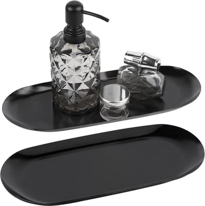 Dienbladen voor de badkamer, zwart, serveerschaal, mini badkamer, decoratief dienblad, roestvrij staal, kaarsendienblad, ovaal, opbergschaal, klein dienblad, organizer voor