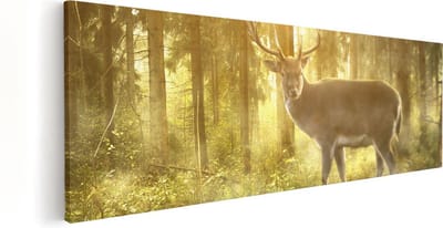 Artaza Canvas Schilderij Hert In Bos - 60x20 cm - Wanddecoratie Zonlicht - Muurdecoratie Natuur - Kamer Accessoires