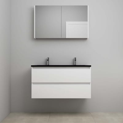 On-Line Badkamermeubelset - 100 cm - Voorgemonteerd - Ladestructuur - Acryl Wastafel - 2 Kraangaten - Spiegelkast - Hoogglans Wit