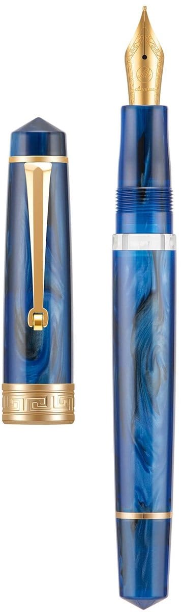 Dailygoods - Asvine P20 Zuiger-vulpen, blauwe (Galaxy Blue) hars, extra fijne iridium-penpunt, gouden accenten, glad schrijvende collectie, inclusief etuiset