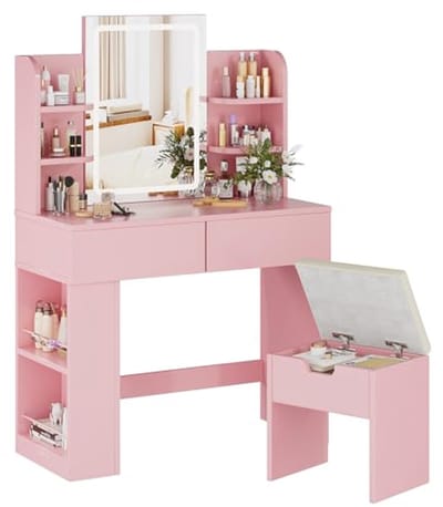 Kaptafel met spiegel en LED-verlichting, make-up tafel met opbergladen en verstelbare helderheid (Roze)