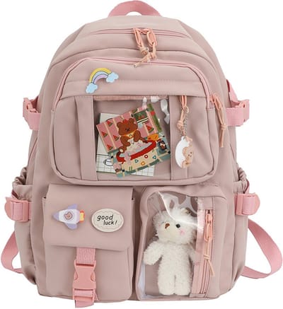 Schooltas - Rugtas - Tas - Rugtas Meisje - Schoolrugzak - Stijlvolle Kawaii Rugzak met Pin en Hanger - Grote Capaciteit Kinderen Premium Rugzak - met Zijvak en Voorvak met Ritssluiting - Roze