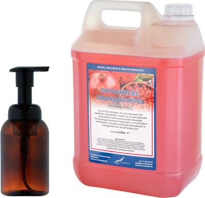 Zeepdispenser 300 ml amber bruin hervulbaar + 5 liter Showergel Granaatappel navulling