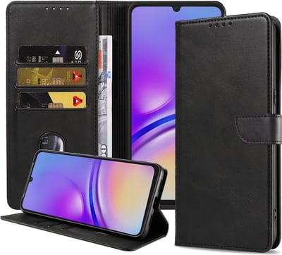 Geschikt voor Samsung Galaxy A05 Telefoonhoesje Kunstleer met Magnetisch lipje en Pasjeshouder Book Case met Klepje - Zwart - Smartphonica geschikt voor Samsung Galaxy A05