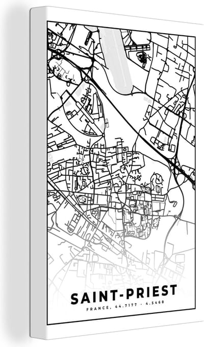 Canvas Schilderij Plattegrond – Saint-Priest - Kaart – Frankrijk – Stadskaart - Zwart wit - 20x30 cm - Wanddecoratie