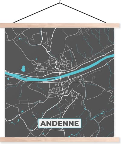 Posterhanger incl. Poster 40x40 cm - Schoolplaat - Kaart – Plattegrond – Stadskaart – Andenne – België - Grijs - Textielposter - Blanke latten - Stadskaart