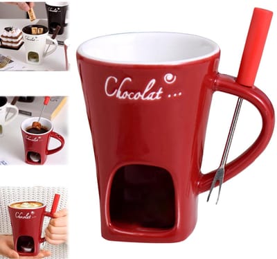 longziming -Chocoladefonduebeker - Keramische Chocoladefondue Beker zonder Theelicht - Smeltbeker voor warme chocolademelk - Chocoladesmelter Set met RVS Vork voor Dips en Desserts - Rood