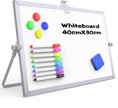 Whiteboard A3 (30x40cm) met Aluminium Frame & Standaard - Dubbelzijdig Bureau Bord voor Thuiswerken, Keuken & Planning - Set met 8 Stiften, Wisser & Magneten