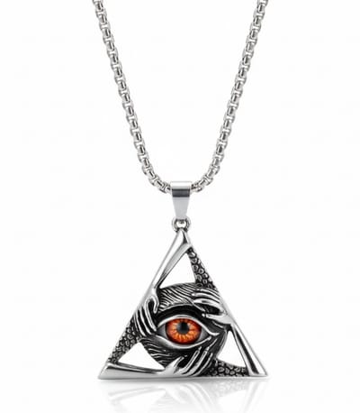 Zilverkleurige ketting met driehoekige ooghanger voor heren – fantasy stijl – oranje oog – symboolvormige hanger