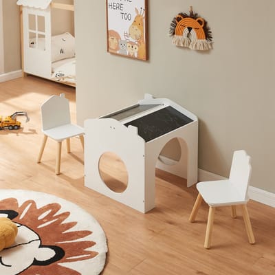 Kindertafelset Romso zitgroep met 2 stoelen wit zwart en naturel [en.casa]