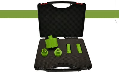 Pro-Diam V-Tech Professionele set diamantboren met M14-schroefdraad voor droog boren in harde tegels en natuursteen. Geschikt voor haakse slijper. Maten: 20 t/m 68 mm. Speciaal voor droog gebruik op keramiek, gres, porselein en natuursteen