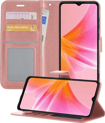 Hoesje - Met Pasjeshouder - Geschikt voor OPPO A17 - Luxe Bookcase Portemonee - Flip Case - Kunstleer Book Case - Flipcase - Book Cover - Walletcase - Portemonneehoes - Telefoonhoesjes - Rosé goud