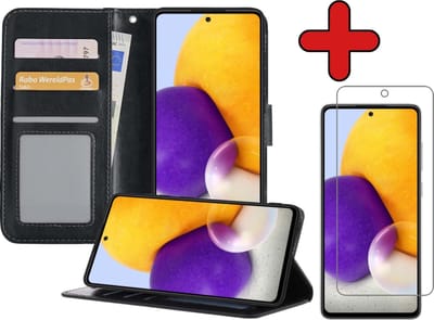 Hoesje - Met Screenprotector - Geschikt voor Samsung Galaxy A72 5G - Luxe Pasjeshouder - Flipcase - Bookcase Portemonee - Flip Case - Kunstleer Book Case - Book Cover - Walletcase - Portemonneehoes - Telefoonhoes - Zwart