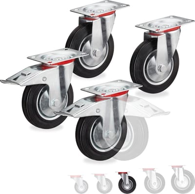 zwenkwielen set van 4 - Ø 125 mm - kogellager - draaglast 320 kg - met rem - zwart