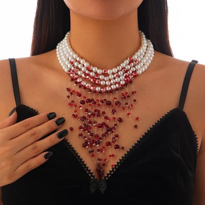 Goth Vintage Rode Bloed Imitatie Parel Ketting voor Vrouwen Lange Kwast Kristal Kralen Hanger Halloween Feest Sieraden brown