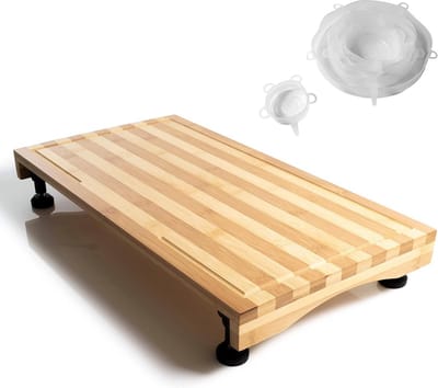 Ceaz Bamboe snijplank met verstelbare poten - verhoogde kookplaat cover, hout hakken slagerblok met sapgroeven voor keuken, camper en camper - compleet met siliconen voedselhoezen