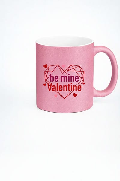 Roze Glitter Valentijn Mok met Be Mine Valentine Hart Design