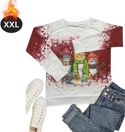 Bovista Kersttrui - Dames - Foute Kersttrui - Christmas Sweater - Kattenprint - Kerst Sweater - Christmas Jumper - Pyjama - Rood - XXL
