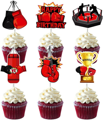 Dailygoods- Cake Topper 36 Stuks - Taartversiering Boksthema - Taartdecoratie Sport - Happy Birthday - Bokshandschoenen - Glitterkarton