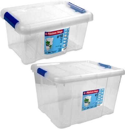2x Opbergboxen/opbergdozen met deksel 5 en 25 ltr kunststof transparant/blauw - 29 x 20 x 15 en 42 x 35 x 25 cm - Opbergbakken