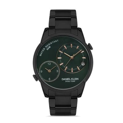 Daniel Klein DK.1.13265-3 - Horloge - Analoog - Mannen - Heren - stalen band - Metaal - Rond - Datumaanduiding - Tweede tijdzone - Zwart - Groen - Rosékleurig - 5 ATM