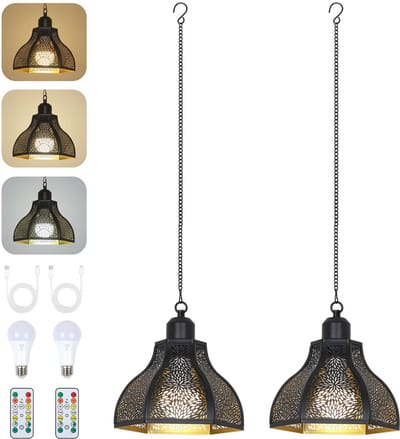 2 Stuks Oplaadbare Hanglamp voor Binnen, Buiten met Batterij, Zwarte Hanglamp zonder Stroomaansluiting, Buiten Tuinverlichting met Lamp & Afstandsbediening, Buitenlamp voor Terras, Balkon